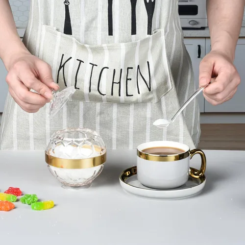 Vista 5 de Azucarero acrílico transparente con tapa y cuchara, contenedor de azúcar de 10 onzas para accesorios de cafetería, tarro de azúcar (chapado en oro)