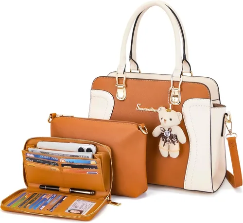 Vista 13 de Soperwillton Monederos para mujer, bolso cruzado de hombro, asa superior, bolsa de mano, cartera, juego de 3 piezas Wallet, Set, 3pcs