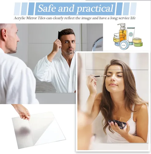 Vista 3 de Calcomanías de pared de espejo de longitud completa, 12 x 12 pulgadas, azulejos acrílicos, láminas acrílicas adhesivas flexibles, espejo extraíble