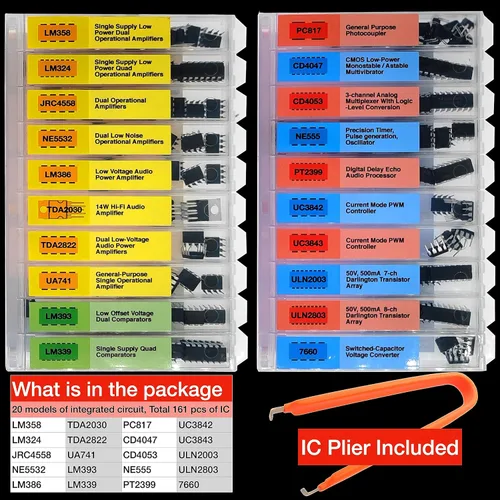 Vista 3 de EEEEE IC kit 161 piezas, 20 modelos Chip Surtido Conjunto Analógico Circuitos Integrados Electrónica Piezas Opamp Pack, 555 Componentes