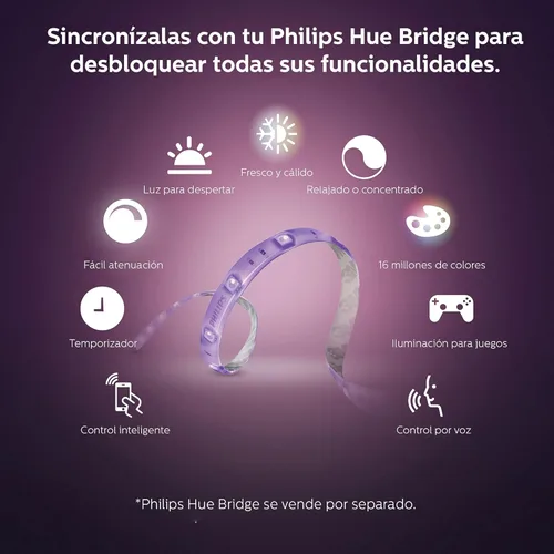 Vista 2 de Philips 800268 Hue LightStrip Plus - Extensión de luz LED inteligente regulable (compatible con Yaxa Alexa, Apple HomeKit y Google Assistant)