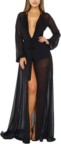 Vestido sexy para cubrir el traje de baño, de malla delgada, manga larga, de playa, para mujer, con lazo delantero