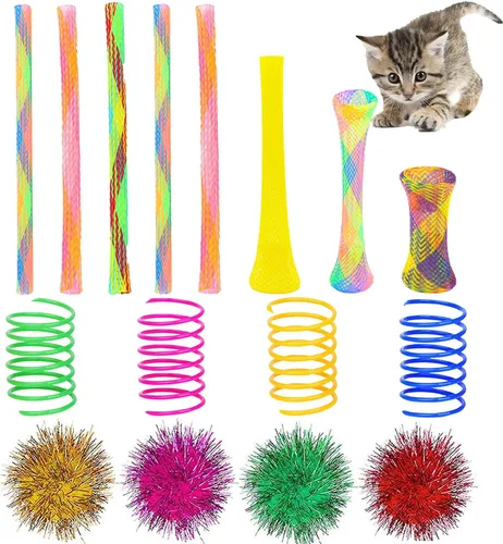 ISMARTEN Juego de juguetes para gatos de 45 piezas: resortes, bolas, tubo, pompones para gatitos para golpear, morder, cazar (color aleatorio)