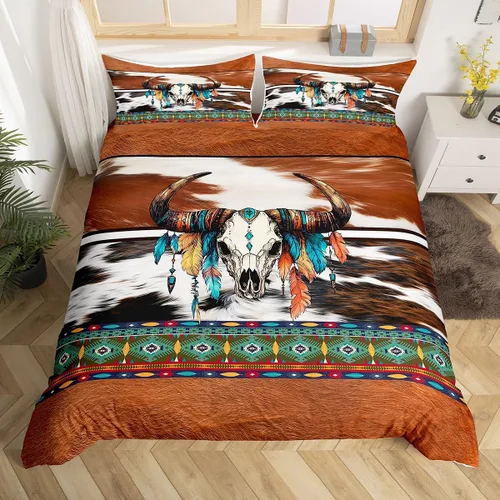 Vista 28 de Erosebridal Funda de edredón de piel de vaca marrón con estampado de vaca de las tierras altas, juego de ropa de cama occidental exótico azteca