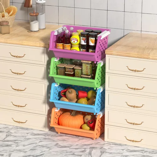 Vista 4 de Paquete de 4 cestas de almacenamiento de plástico apilables, contenedores de almacenamiento frontales abiertos