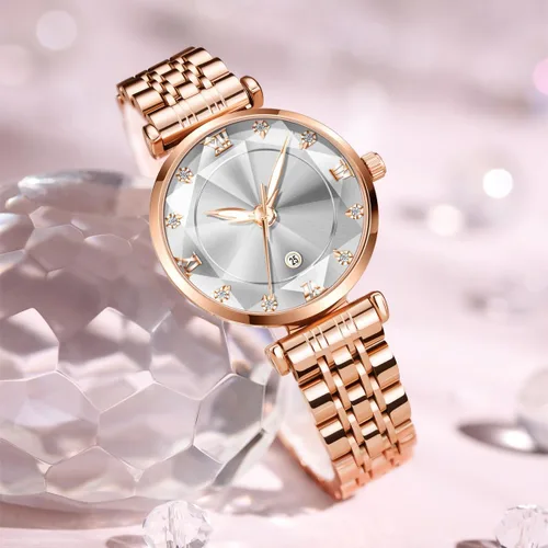 Vista 6 de Reloj de oro rosa para mujer con esfera de diamantes y pulsera, juego de regalo de collar, elegante vestido de acero inoxidable, analógico, cuarzo