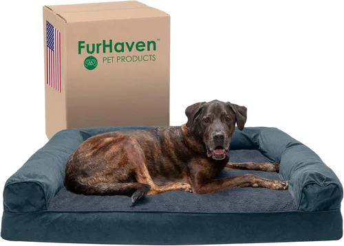 Vista 16 de Furhaven Cama para perro, de espuma viscoelástica, estilo sofá, Sherpa y chenilla, café, M