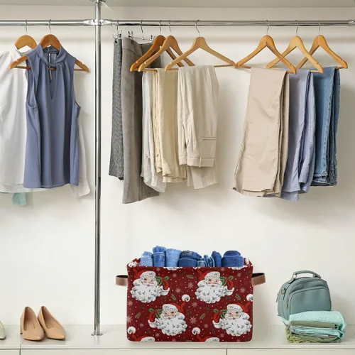 Vista 7 de Cesta de almacenamiento roja de Papá Noel de Navidad, cestas de cocina de tela, copos de nieve, decoraciones de Navidad, cajas de almacenamiento