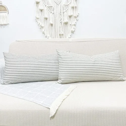 Vista 5 de Slow Cow Funda de almohada rectangular decorativa con textura lumbar para sofá, 12 x 20 pulgadas, color negro mezclado con blanco roto B-raya negra