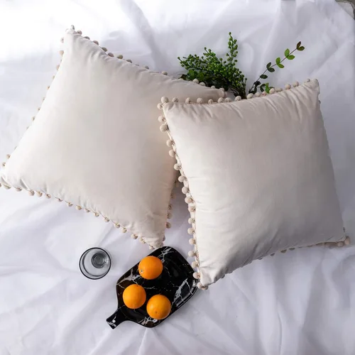 Vista 8 de Juego de 2 fundas para cojines decorativos de terciopelo sólido suave con borde de pompones
