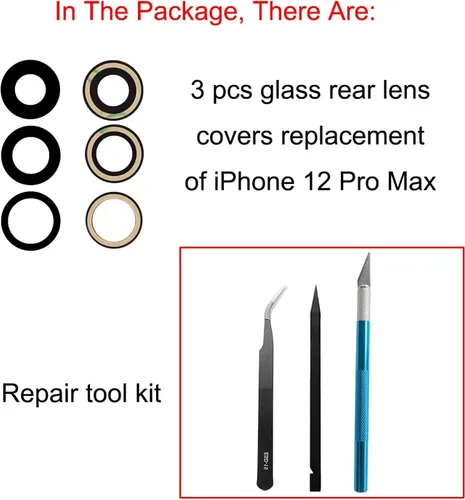 Vista 2 de 3 piezas 12 Pro Max - Fundas de repuesto para lente de cámara trasera para iPhone 12 Pro Max (6.7 pulgadas), antiarañazos y resistente al agua