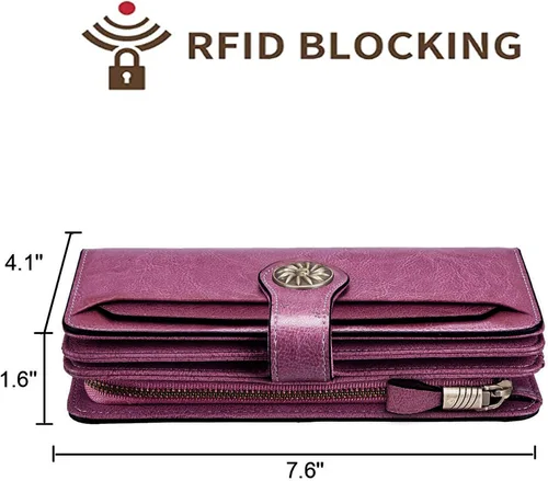 Vista 4 de Travelambo Billetera de gran capacidad con bloqueo RFID para mujer carteras de cuero genuino