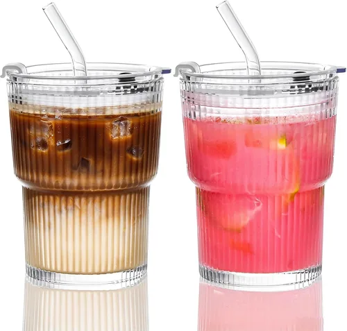 Juego de 2 vasos de vidrio acanalado con tapas y pajitas de 13 onzas 2 unidades transparentes de 13 onzas