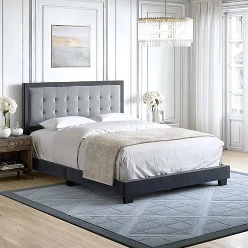 Vista 12 de Boyd Sleep Pisa - Base de cama de terciopelo azul tamaño Queen totalmente tapizada con cabecero ajustable, no requiere somier, fácil montaje, sin