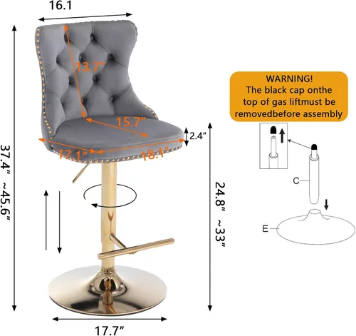 Vista 55 de Taburete de bar giratorio con respaldo copetudo, taburetes de bar ajustables en altura de mostrador, ribete de cabeza de clavo, silla de bar