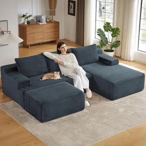 Vista 29 de Sofá modular de 95 pulgadas con otomana, moderno sofá nube de pana con asiento profundo, sofá sin hueso tapizado de 3 plazas en forma de U para sala
