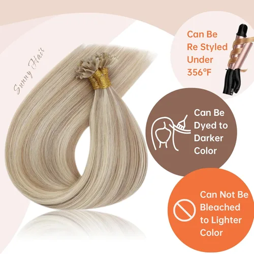 Vista 4 de Sunny Blonde U Tips - Extensiones de cabello humano con puntas en U preunidas, extensiones de cabello real, color rubio ceniza, puntas en U