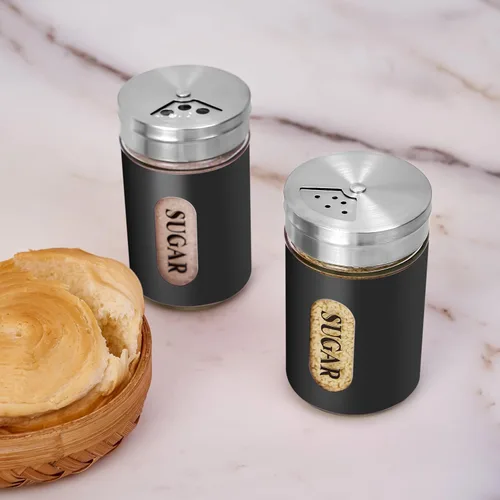 Vista 4 de Juego de 2 agitadores de azúcar de acero inoxidable y vidrio con orificios ajustables para canela, para bar de café (negro)