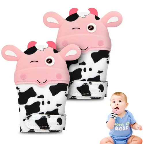 Vista 14 de Paquete de 2 guantes de dentición de silicona, juguete de dentición de vaca para bebés de 0 a 6 a 12 meses, guantes de dentición de silicona