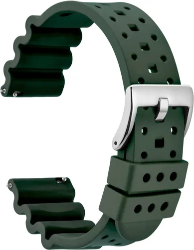 WOCCI Correa de reloj ventilada de 0.866 in para hombre, goma FKM, hebilla plateada (verde militar)