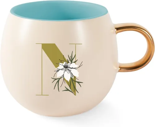 Vista 24 de Fringe Studio Taza Redonda de Gres, Monograma Floral Letra "E" 3.38" DIA. X 3.5"H, 14 fl.oz., con Asa Dorada Pintada a Mano (428047)