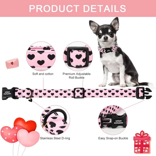 Vista 2 de Collar de perro de estilo único Valentine con hebilla de plástico y colgante en forma de corazón de amor en negro y rosa, collares de algodón