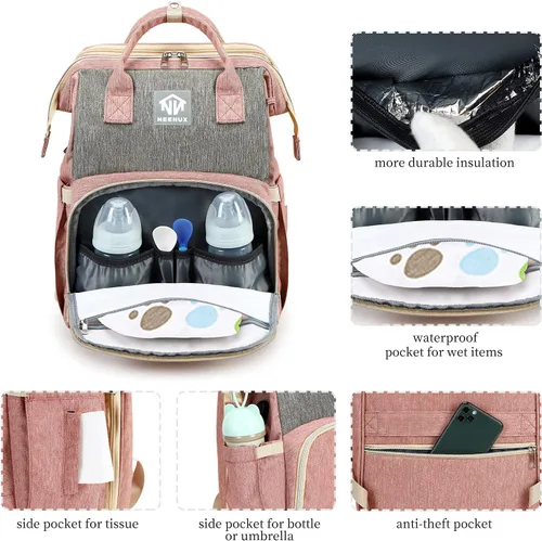 Vista 4 de NEENUX Bolsa de pañales con cambiador - Mochila 3 en 1 para pañales, bolsas de bebé para niñas y niños, bolsa de mamá, Rosa-gris, Mochilas de viaje