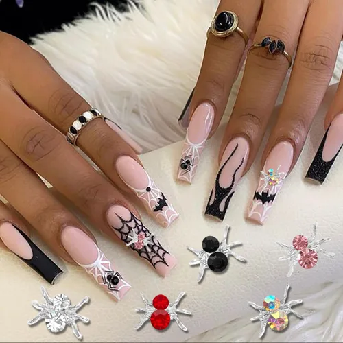 Vista 5 de 36 dijes de uñas de araña de Halloween, oro plateado, rojo, negro, aleación de diamantes de imitación de cristal