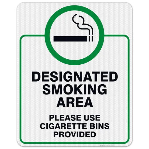 Vista 13 de Letrero designado para zona de fumar, letrero con texto en inglés "Please Use Cigarrette Bins Sign", 10 x 7 pulgadas, libre de óxido, aluminio 040
