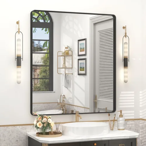 Vista 39 de Espejo rectangular para pared de baño de 20x30 pulgadas con marco negro mate, espejo de tocador con esquinas redondeadas, espejo de baño de metal