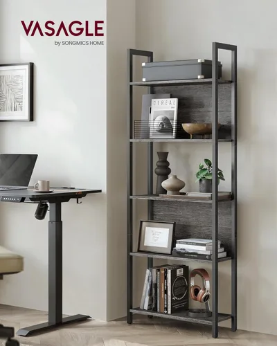 Vista 2 de VASAGLE 5-Tier Bookshelf, Book Shelf, Industrial Bookcase, with Steel Frame, for Living Room, Home Office, Bedroom, 9.4 x 24.4 x 65 Inches, Charcoal