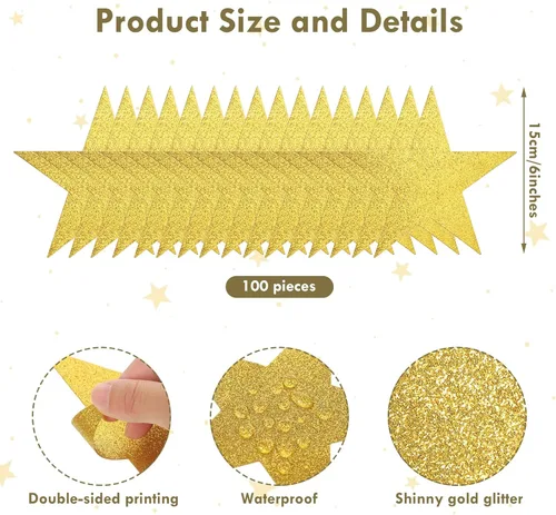 Vista 2 de 100 piezas de estrellas doradas con purpurina de 6 pulgadas con doble impresión de estrellas de papel con estrellas doradas, decoración de tablón