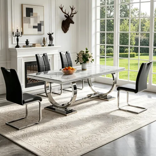 Vista 65 de 5 Piece Black Marble Dining Table Set for 4, Modern Faux Marble Kitchen Dining Room Tables with 4 Leather Chairs Set, 68.11" Luxury Rectangular