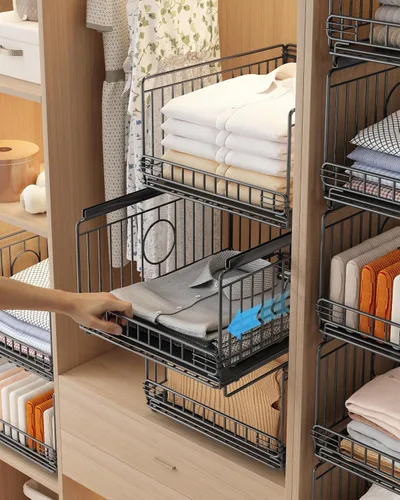3 Pack Sliding Stackable Closet Organizer Storage Basket,Black
