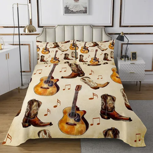 Castle Fairy Cowboy Boots Bedspread Twin Size Bohemia Musical Guitar Coverlet Set Boys Bedroom Present Western Rustic Cowgirl Decor Bedding Set