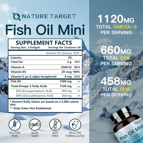 Vista 2 de NATURE TARGET Aceite de pescado Mini 1400 mg, suplemento Omega 3 de alta potencia con vitaminas A y D3 y E, apoya el corazón, el cerebro