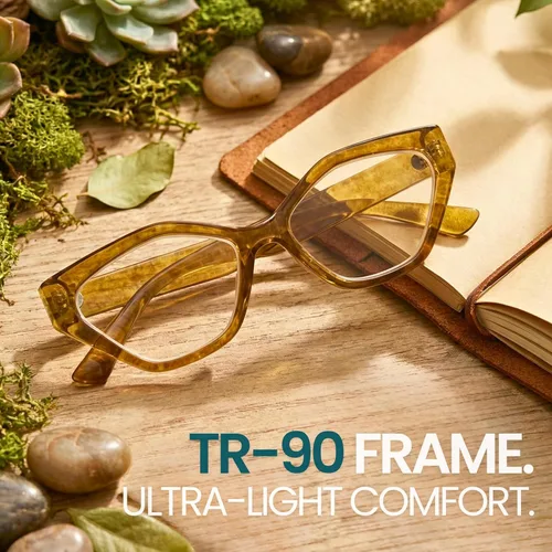 Vista 2 de 2SeeLife Gafas de lectura de ojo de gato TR-90 de gran tamaño para mujer – Ajuste mediano-ancho, marco resistente, lectores geométricos premium, oro