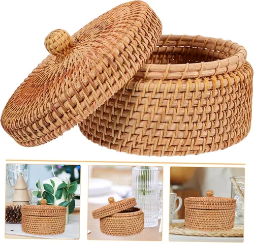 Vista 3 de Cesta redonda pequeña de mimbre con tapa, cesta de frutas tejida, cuencos de ratán para pan, bandeja de mimbre, cestas de almacenamiento