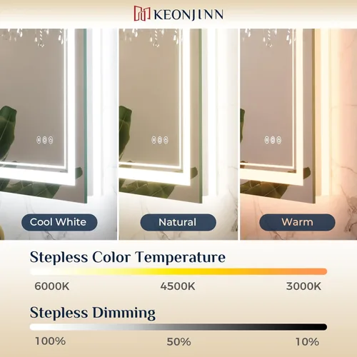 Vista 4 de Espejo de baño LED Keonjinn de 40" x 24" con iluminación frontal y trasera, 3 temperaturas de color continuas y espejo de tocador regulable