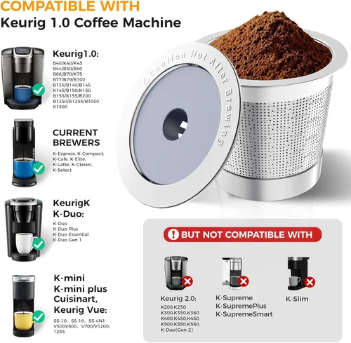 Vista 3 de Tazas K reutilizables para Keurig 1.0, tazas K de acero inoxidable para cápsulas de café reutilizables, taza K recargable con filtro de café