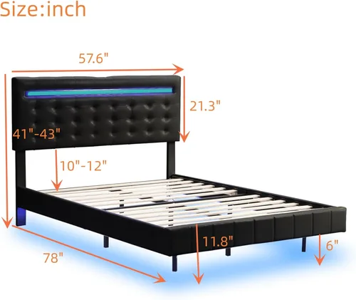 Vista 2 de Base de cama flotante tamaño matrimonial con luces LED y estación de carga USB, plataforma tapizada con cabecero, marco de cama LED moderno