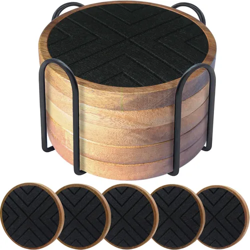 Vista 14 de Paquete de 5 posavasos para bebidas absorbentes, posavasos de madera con almohadillas de fieltro, posavasos para bebidas para protección de mesa