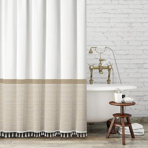 Vista 8 de Cortina de ducha gris Seasonwood Moderna de tela con borlas blancas, cortinas de ducha estilo casa de campo a rayas, impermeable, 72x72 pulgadas