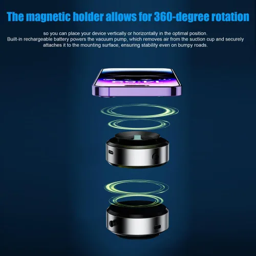 Vista 7 de Magnetic Car Phone Mount - 360 Rotatable Suction Cup Holder with Vacuum Adsorption for Windshield Dashboard - Universal Compatible with Smartphones