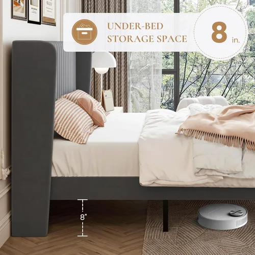 Vista 23 de SHA CERLIN Base de cama de terciopelo tamaño King con cabecera capitoné de canal vertical, plataforma tapizada con listones de madera, no necesita