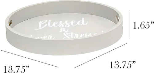 Vista 7 de Elegant Designs HG2013-GYS - Bandeja decorativa redonda de madera de 13.75" con asas, Bendecida y nunca estresada, gris