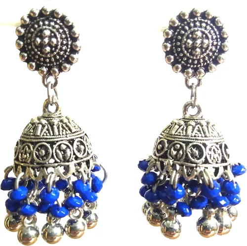 DESI HAWKER Pendientes de plata oxidada Bali Jhumki Jhumka Joyería Bollywood Gota Dangle Chandelier NI-81