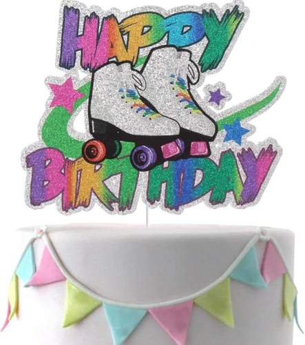 Patín de ruedas Happy Birthday Cake Topper Colorido Rolling Retro Girl Club Hip Hop Tema Fiesta Pastel Decoración Suministros para Niñas