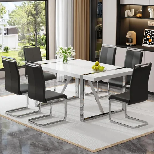 Vista 8 de Mesa de comedor Ebullient para 4, mesa de comedor rectangular negra de MDF, tapa de mesa de cena de mármol falso, mesa de comedor moderna con marco