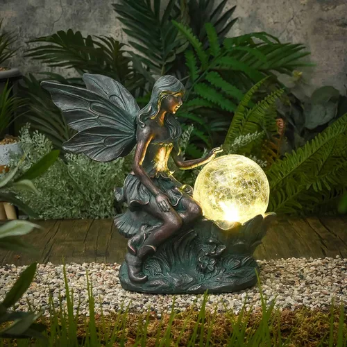 Vista 3 de TERESA'S COLLECTIONS Estatuas de jardín de hadas con luz solar al aire libre para decoración al aire libre, decoraciones de hadas de Navidad